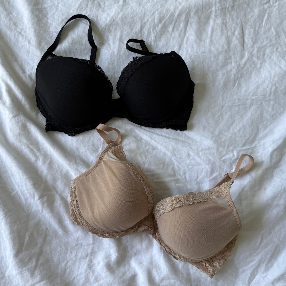 EUC NATORI Bundle 2 Bras Feathers Underwire Contour 34DD Black & Beige Lace Trim